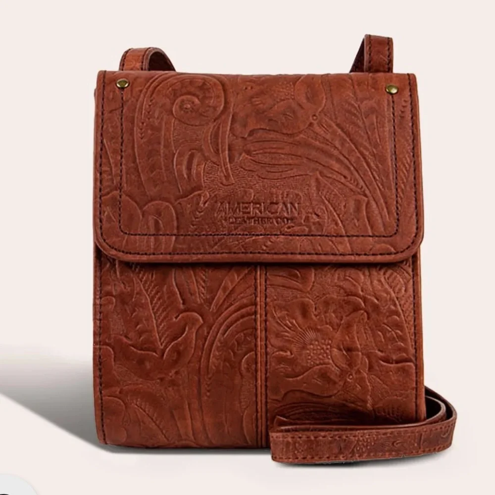 American Leather Crossbody bag “Kansas Brandy Tooled edition” - Picture 1 of 10